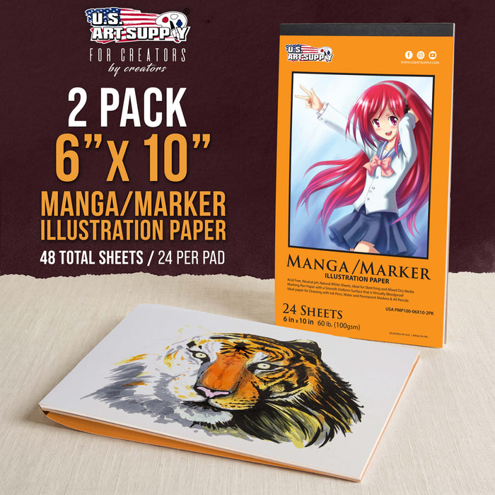 6 x 10" Premium Manga Marker Paper Pad (2 Pack, 48 Sheets Total) - 60lb (100gsm) Drawing Sketchbook for Alcohol & Acrylic Paint Markers