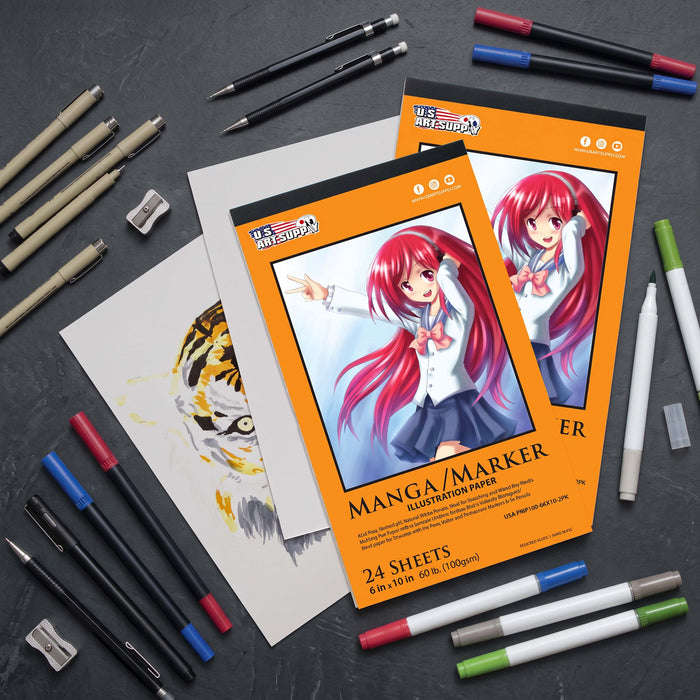 6 x 10" Premium Manga Marker Paper Pad (2 Pack, 48 Sheets Total) - 60lb (100gsm) Drawing Sketchbook for Alcohol & Acrylic Paint Markers