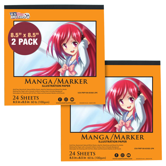 8.5 x 8.5" Premium Manga Marker Paper Pad (2 Pack, 48 Sheets Total) - 60lb (100gsm) Drawing Sketchbook for Alcohol & Acrylic Paint Markers