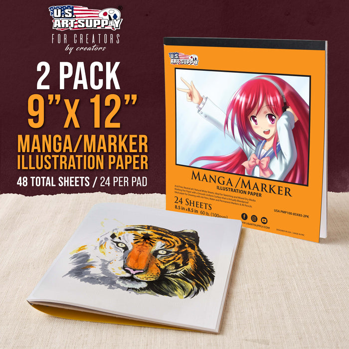 8.5 x 8.5" Premium Manga Marker Paper Pad (2 Pack, 48 Sheets Total) - 60lb (100gsm) Drawing Sketchbook for Alcohol & Acrylic Paint Markers