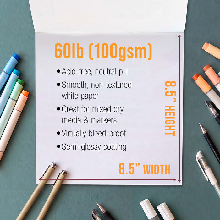 8.5 x 8.5" Premium Manga Marker Paper Pad (2 Pack, 48 Sheets Total) - 60lb (100gsm) Drawing Sketchbook for Alcohol & Acrylic Paint Markers