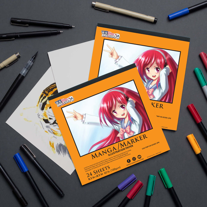 8.5 x 8.5" Premium Manga Marker Paper Pad (2 Pack, 48 Sheets Total) - 60lb (100gsm) Drawing Sketchbook for Alcohol & Acrylic Paint Markers