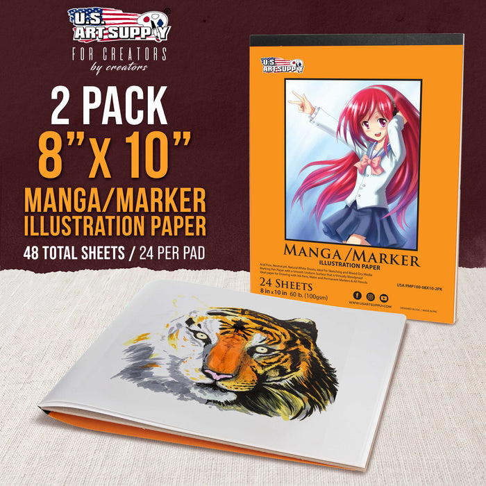 8 x 10" Premium Manga Marker Paper Pad (2 Pack, 48 Sheets Total) - 60lb (100gsm) Drawing Sketchbook for Alcohol & Acrylic Paint Markers