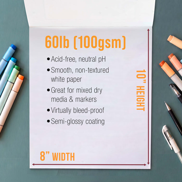 8 x 10" Premium Manga Marker Paper Pad (2 Pack, 48 Sheets Total) - 60lb (100gsm) Drawing Sketchbook for Alcohol & Acrylic Paint Markers