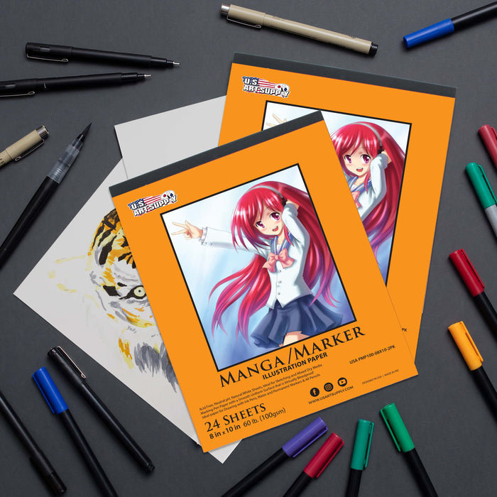 8 x 10" Premium Manga Marker Paper Pad (2 Pack, 48 Sheets Total) - 60lb (100gsm) Drawing Sketchbook for Alcohol & Acrylic Paint Markers