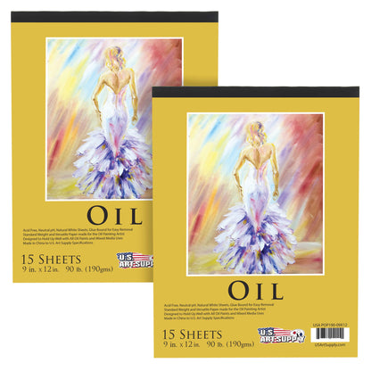 9 x 12" Premium Heavy-Weight Oil Painting Pad (2 Pack, 30 Sheets Total) - 90lb (190gsm) - Oil Pastel Paper for Students and Adults