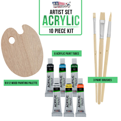 U.S. Art Supply Artist Painting Set with 6 Vivid Acrylic Paint Colors, Wood Painting Palette, 3 Brushes - Fun Kids, Students, Beginners Starters Kit
