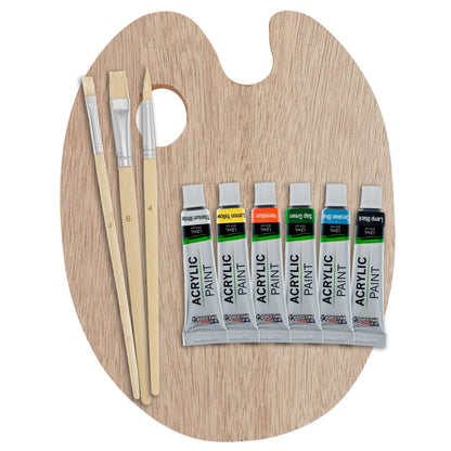 Wood Painting Palette Set with 6-Piece Acrylic Paint Tubes and 3 Brushes - Artist Palette for Painting