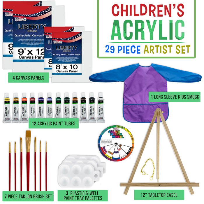 29-Piece Children's Acrylic Paint Artist Set with 12 Paint Colors, 7 Brushes, 12" Easel, 4 Canvas Panels, 3 Painting Palettes, Kids Washable Smock