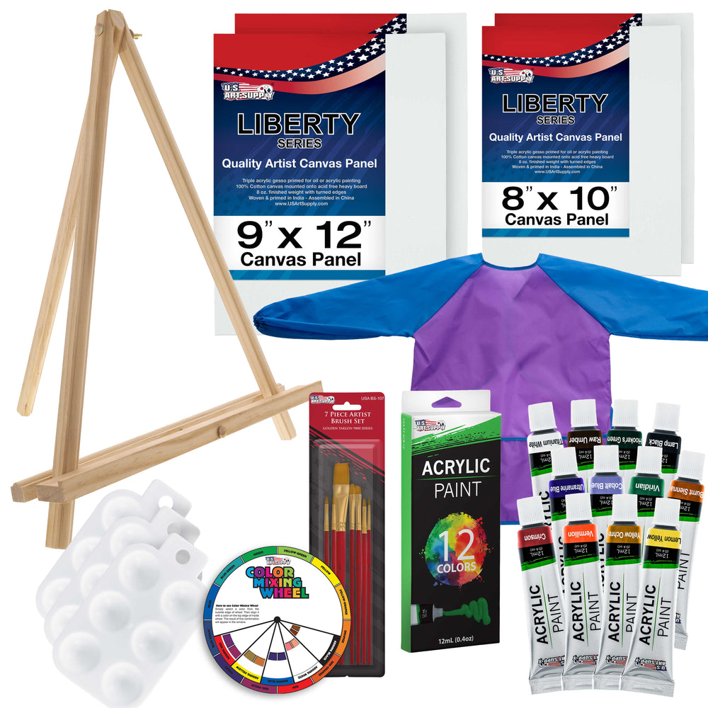 29-Piece Children's Acrylic Paint Artist Set with 12 Paint Colors, 7 Brushes, 12" Easel, 4 Canvas Panels, 3 Painting Palettes, Kids Washable Smock