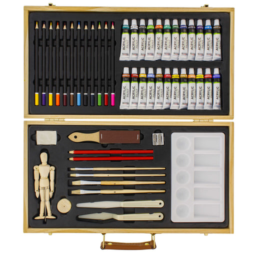 U.S. Art Supply 50-Piece Complete Artist Painting and Drawing Set in Wood Storage Case, 24 Acrylic Paint Colors, 4 Brushes, 12 Colored Pencils Palette