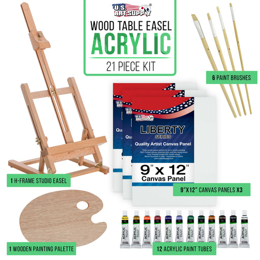 21-Piece Wood Studio Table Easel & Acrylic Paint Box Set with 12 Paint Colors, Canvas Panels, Brushes, Wood Palette