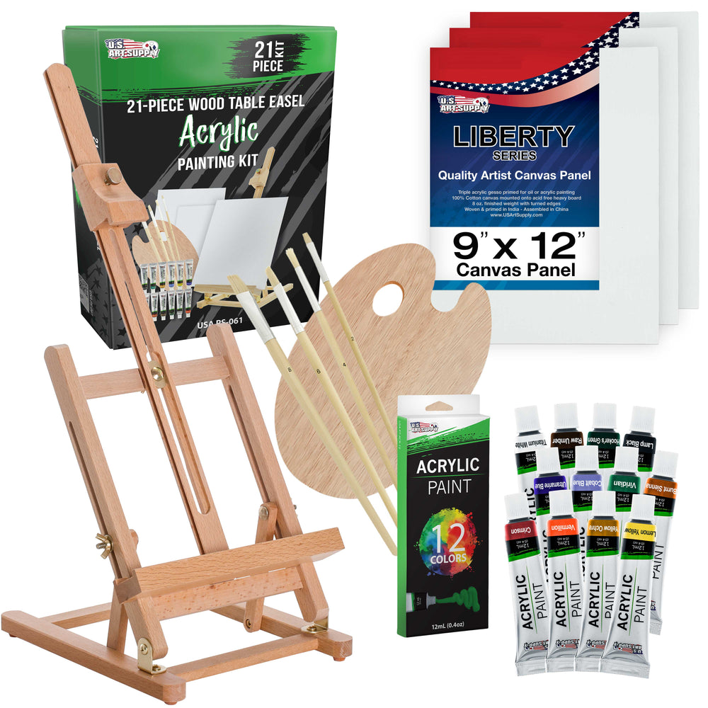 21-Piece Wood Studio Table Easel & Acrylic Paint Box Set with 12 Paint Colors, Canvas Panels, Brushes, Wood Palette
