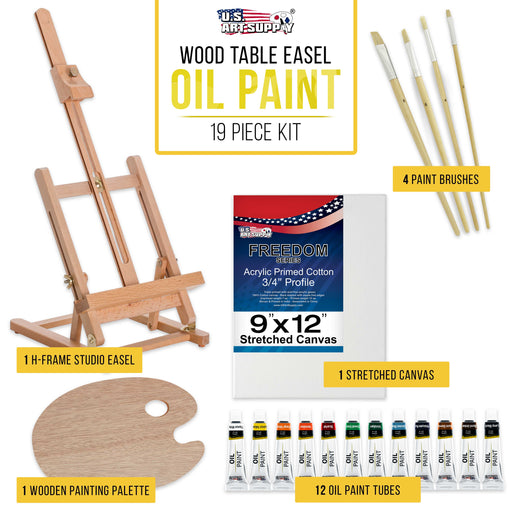 U.S. Art Supply 19-Piece Artist Oil Painting Set with Wooden H-Frame Studio Easel, 12 Paint Colors, Stretched Canvas, 4 Brushes, Palette - Starter Kit