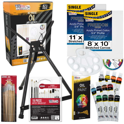 U.S. Art Supply 42-Piece Artist Oil Painting Set with Easel - 12 Paint Colors, 25 Brushes, 2 Stretched Canvases, Palette - Kids, Students, Adults Kit