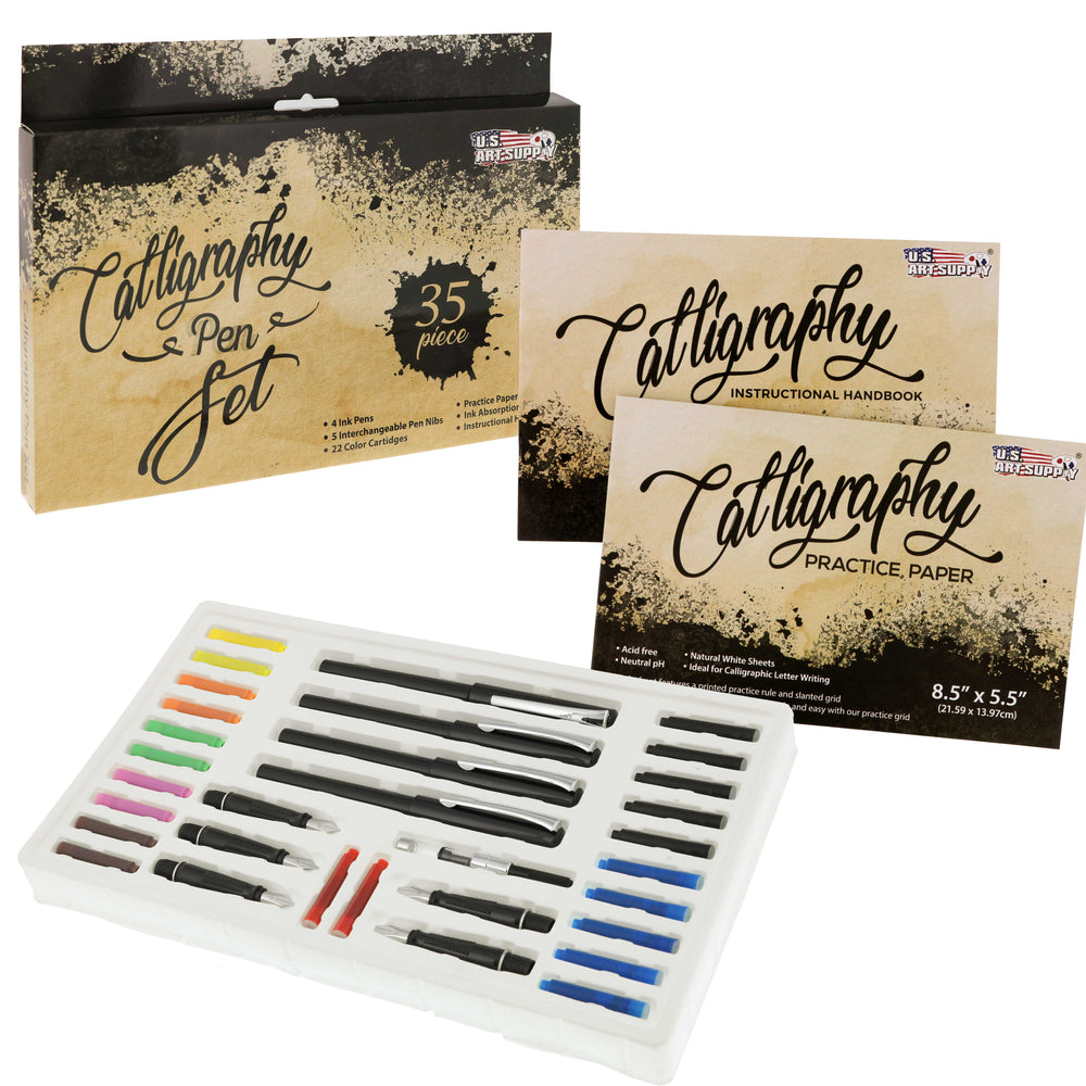 U.S. Art Supply 35-Piece Calligraphy Pen Writing Set - 4 Calligraphy Pens, 5 Size Styles of Pen Nibs, 22 Ink Cartridges, Practice Paper Pad - Students