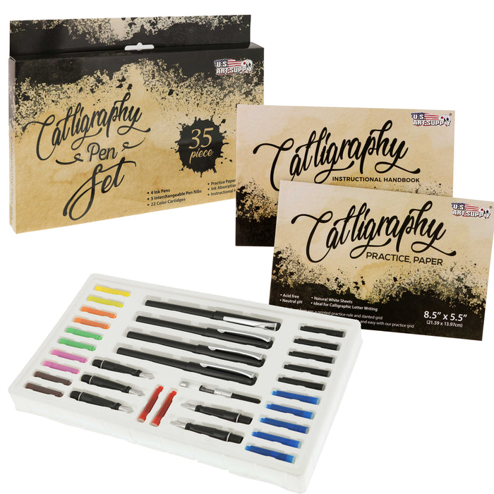 35-Piece Calligraphy Pen Set - 4 Pens, 5 Nibs, 22 Inks, Includes Calligraphy Pens for Writing, Beginners Handbook & Practice Paper Pad