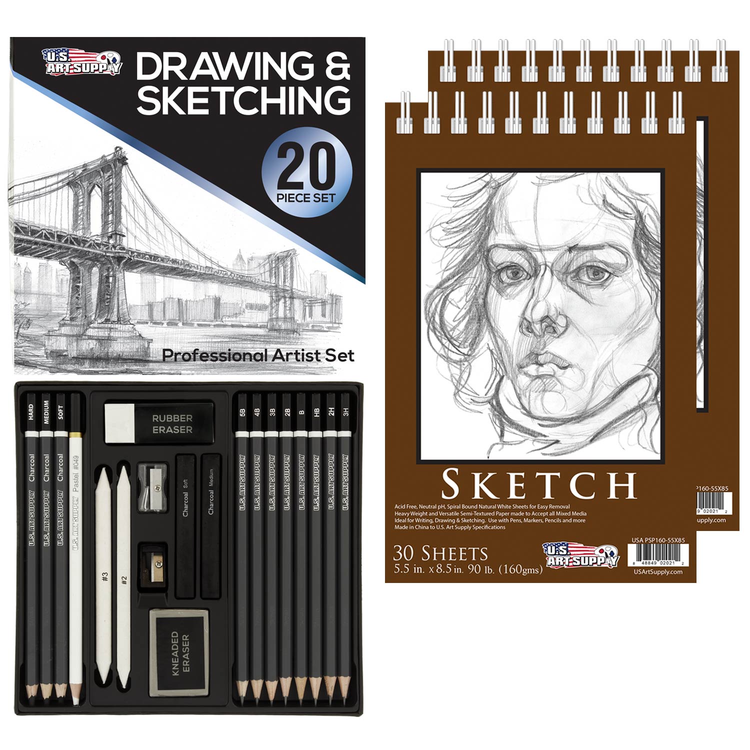 20-Piece Professional High-Quality Artist Sketch Set in Hard Storage Case, Sketch & Charcoal Pencils, Pastel, Stumps, Eraser Sharpeners, 2 Sketch Pads