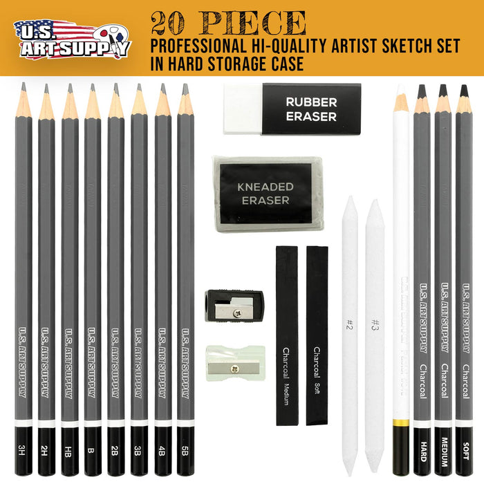 20 Piece Professional Hi-Quality Artist Sketch Set in Hard Storage Case - Sketch & Charcoal Pencils, Pastel, Stumps, Eraser, Sharpeners