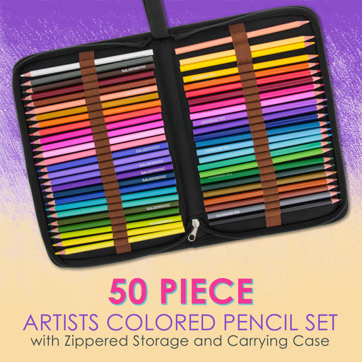 U.S. Art Supply 50 Piece Adult Coloring Book Artist Grade Colored Pencil Set with Case - Vibrant Colors, Smooth Art Drawing, Sketching, Kids Students