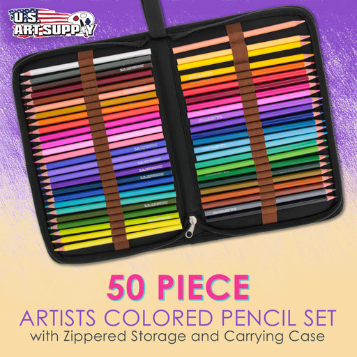 U.S. Art Supply 50 Piece Adult Coloring Book Artist Grade Colored Pencil Set with Case - Vibrant Colors, Smooth Art Drawing, Sketching, Kids Students