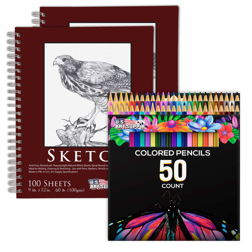 U.S. Art Supply 50 Piece Adult Coloring Book Artist Grade Colored Pencil Set with 2 - 9" x 12" Sketch Pads Drawing Paper - Sketching Shading Blending