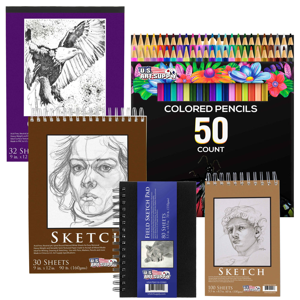 50 Piece Adult Coloring Book Artist Grade Colored Pencil Set with 4 Styles of Sketching & Drawing Paper - Sketching Shading Blending, Students Adults Beginners