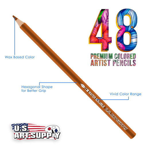 U.S. Art Supply 48 Piece Watercolor Artist Grade Water Soluble Colored Pencil Set, Vibrant Colors, Drawing, Sketching, Blending - Kids Students Adults