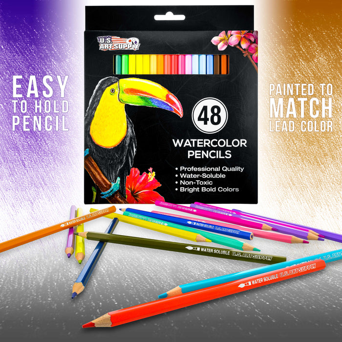 U.S. Art Supply 48 Piece Watercolor Artist Grade Water Soluble Colored Pencil Set, Vibrant Colors, Drawing, Sketching, Blending - Kids Students Adults