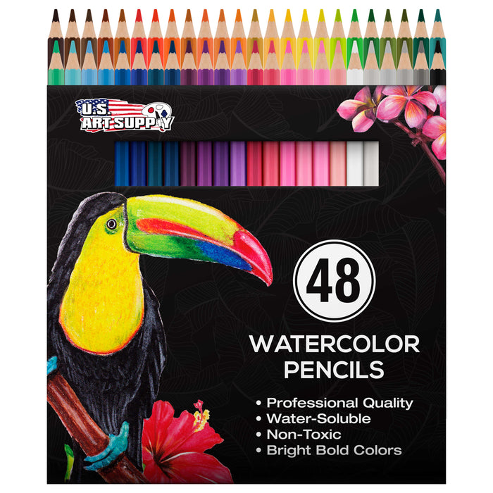 U.S. Art Supply 48 Piece Watercolor Artist Grade Water Soluble Colored Pencil Set, Vibrant Colors, Drawing, Sketching, Blending - Kids Students Adults