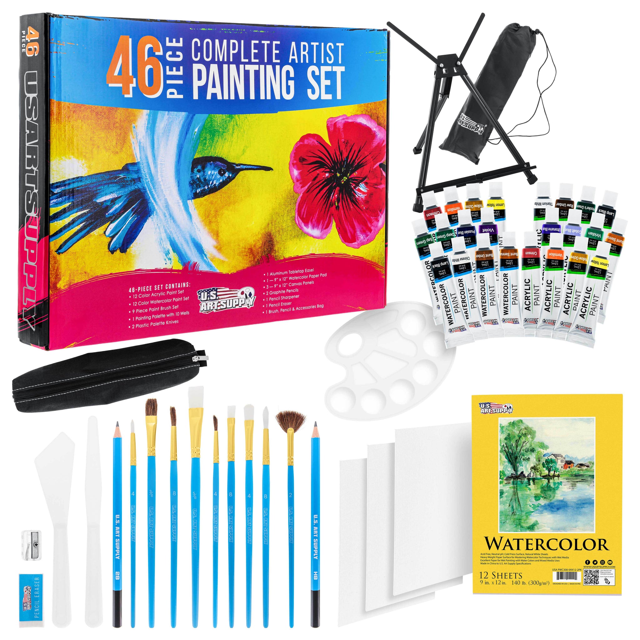 46-Piece Complete Artist Painting Set with Easel - 12 Acrylic & 12 Watercolor Paint Colors, Brushes, Canvas Panels, Watercolor Pad, Painting Palette