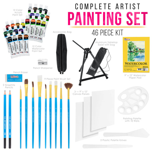 46-Piece Complete Artist Painting Set with Easel - 12 Acrylic & 12 Watercolor Paint Colors, Brushes, Canvas Panels, Watercolor Pad, Painting Palette