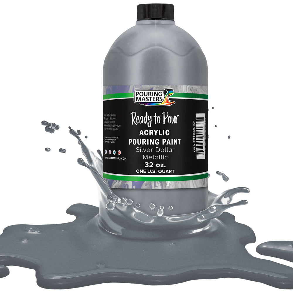 Silver Dollar Metallic Acrylic Ready to Pour Pouring Paint Premium 32-Ounce Pre-Mixed Water-Based - Painting Canvas, Wood, Crafts, Tile, Rocks