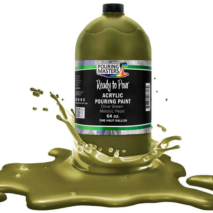 Olive Green Metallic Pearl Acrylic Ready to Pour Pouring Paint Premium 64-Ounce Pre-Mixed Water-Based - Painting Canvas, Wood, Crafts, Tile, Rocks