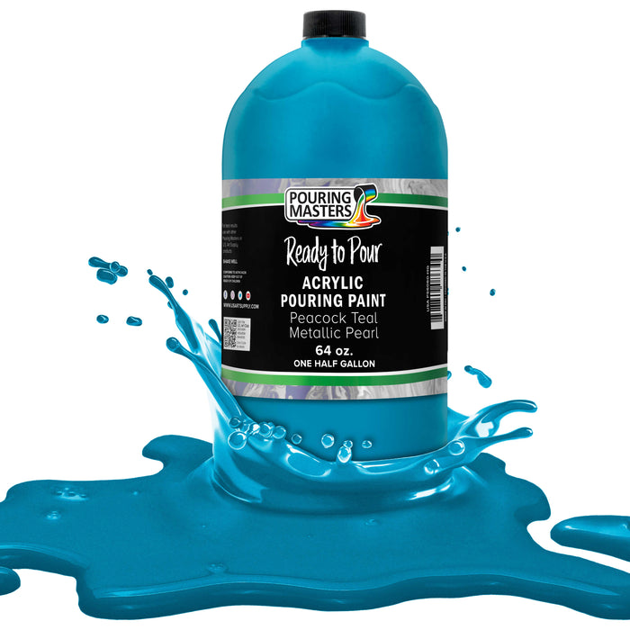 Peacock Teal Metallic Pearl Acrylic Ready to Pour Pouring Paint Premium 64-Ounce Pre-Mixed Water-Based - Painting Canvas, Wood, Crafts, Tile, Rocks