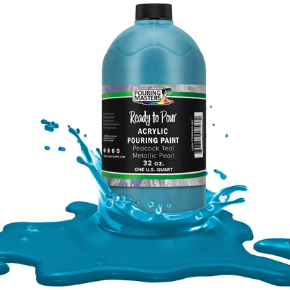 Pouring Masters Peacock Teal Metallic Pearl Ready to Pour Acrylic Pouring Paint - Premium 32-Ounce Pre-Mixed Fluid Acrylic Paint - Fluid Art Supplies for Canvas, Wood, Paper, Tile & Rocks