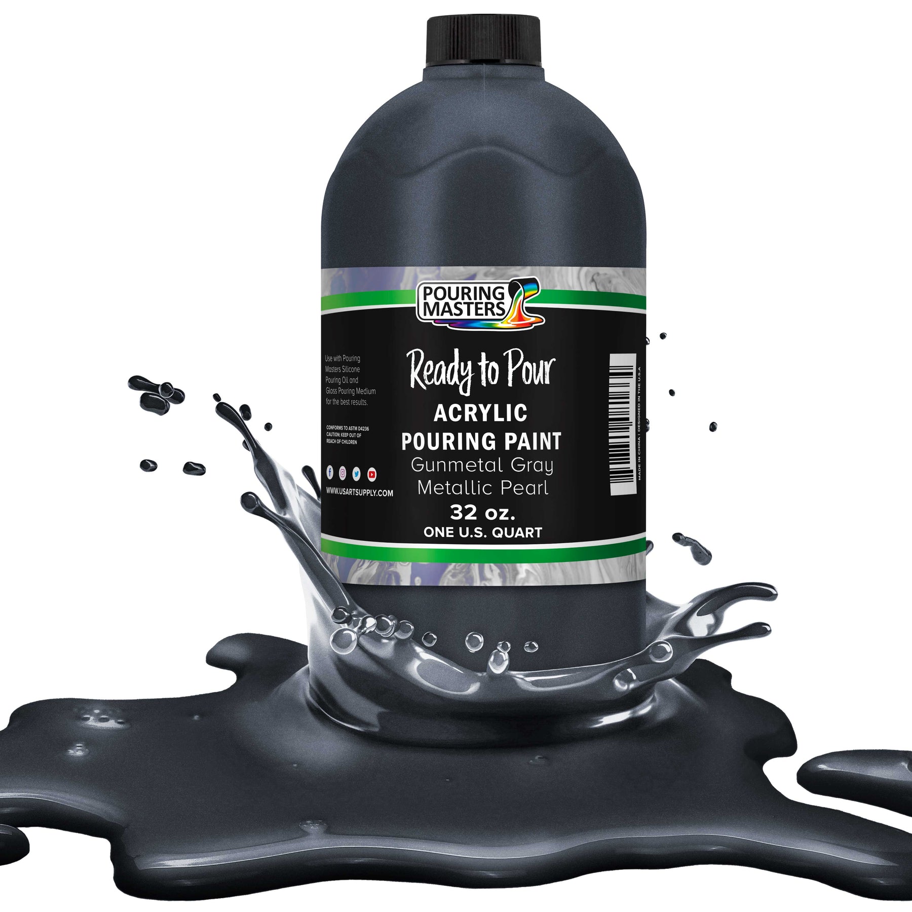 Pouring Masters Gunmetal Gray Metallic Pearl Acrylic Ready to Pour Pouring Paint Premium 32-Ounce Pre-Mixed Water-Based - for Canvas, Wood, Paper