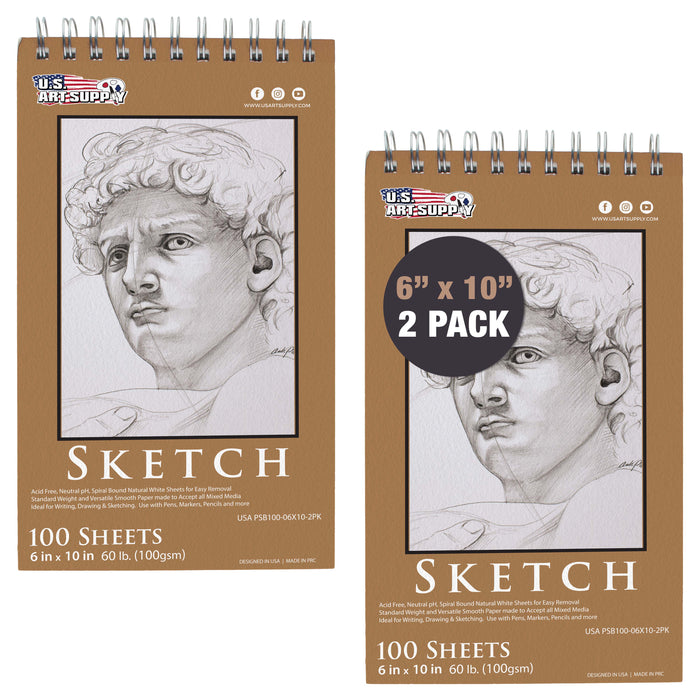 6 x 10" Top Spiral Bound Sketch Book, 2 Pack, 100 Sheets Each, 60lb (100gsm), Acid-Free, Artist Sketchbook, Drawing Pad for Adults & Students