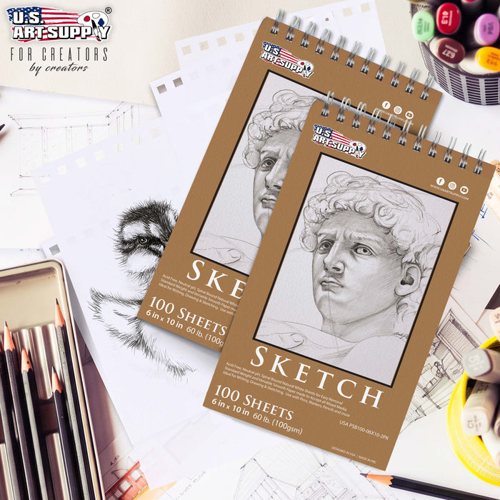 6 x 10" Top Spiral Bound Sketch Book, 2 Pack, 100 Sheets Each, 60lb (100gsm), Acid-Free, Artist Sketchbook, Drawing Pad for Adults & Students