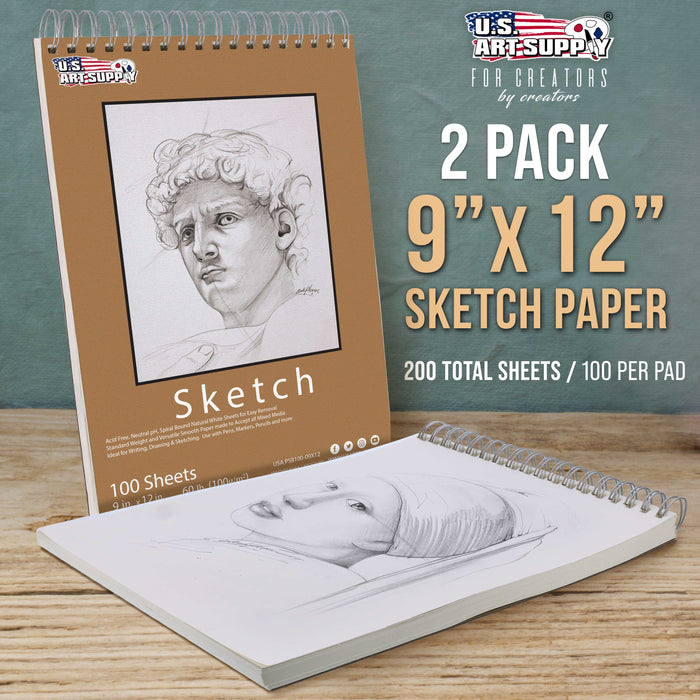 9"x12" Top Spiral Bound Sketch Book, 2 Pack, 100 Sheets Each, 60lb (100gsm), Acid-Free, Artist Sketchbook, Drawing Pad for Adults & Students