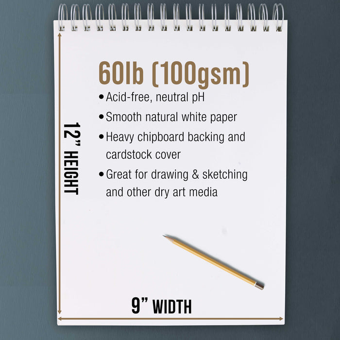 9"x12" Top Spiral Bound Sketch Book, 2 Pack, 100 Sheets Each, 60lb (100gsm), Acid-Free, Artist Sketchbook, Drawing Pad for Adults & Students