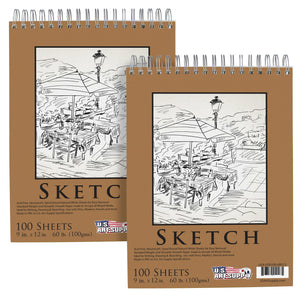 9 x 12" Top Spiral Bound Sketch Book, 2 Pack, 100 Sheets Each, 60lb (100gsm), Acid-Free, Artist Sketchbook, Drawing Pad for Adults & Students