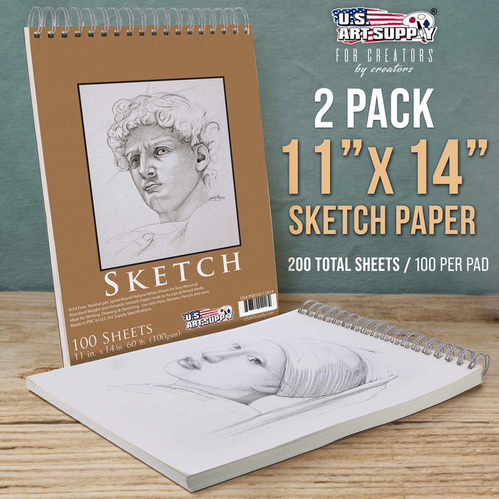 11"x14" Top Spiral Bound Sketch Book, 2 Pack, 100 Sheets Each, 60lb (100gsm), Acid-Free, Artist Sketchbook, Drawing Pad for Adults & Students