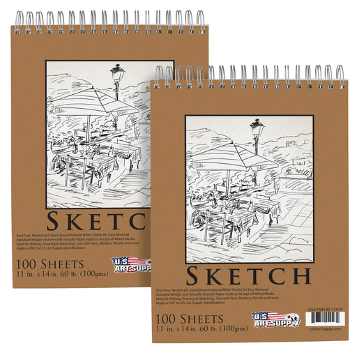 11" x 14" Premium Spiral Bound Sketch Pad, Pad of 100-Sheets, 60 Pound (100gsm) (Pack of 2 Pads)