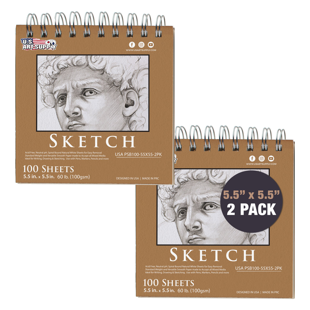 5.5 x 5.5" Top Spiral Bound Sketch Book, 2 Pack, 100 Sheets Each, 60lb (100gsm), Acid-Free, Artist Sketchbook, Drawing Pad for Adults & Students