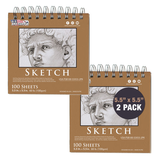 5.5 x 5.5" Top Spiral Bound Sketch Book, 2 Pack, 100 Sheets Each, 60lb (100gsm), Acid-Free, Artist Sketchbook, Drawing Pad for Adults & Students