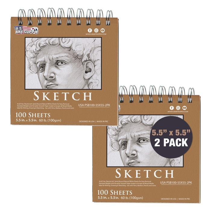 5.5 x 5.5" Top Spiral Bound Sketch Book, 2 Pack, 100 Sheets Each, 60lb (100gsm), Acid-Free, Artist Sketchbook, Drawing Pad for Adults & Students