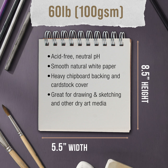 5.5 x 5.5" Top Spiral Bound Sketch Book, 2 Pack, 100 Sheets Each, 60lb (100gsm), Acid-Free, Artist Sketchbook, Drawing Pad for Adults & Students