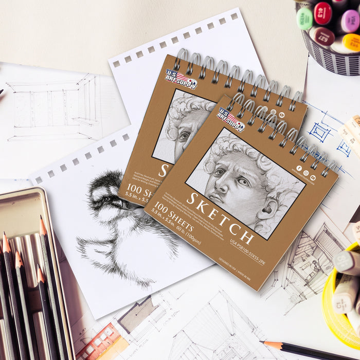 5.5 x 5.5" Top Spiral Bound Sketch Book, 2 Pack, 100 Sheets Each, 60lb (100gsm), Acid-Free, Artist Sketchbook, Drawing Pad for Adults & Students