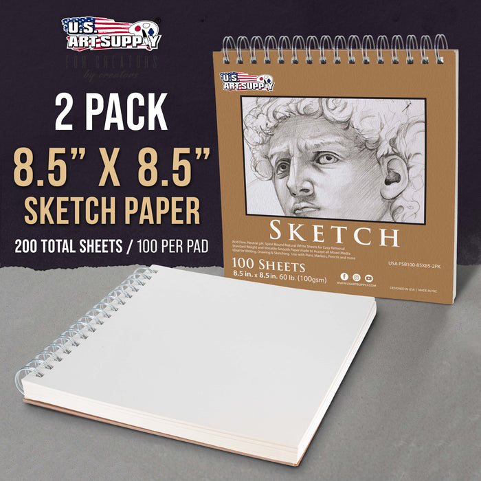 8.5"x8.5" Top Spiral Bound Sketch Book, 2 Pack, 100 Sheets Each, 60lb (100gsm), Acid-Free, Artist Sketchbook, Drawing Pad for Adults & Students